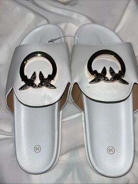 Women’s White Slide Sandals with Gold Bird Accent
